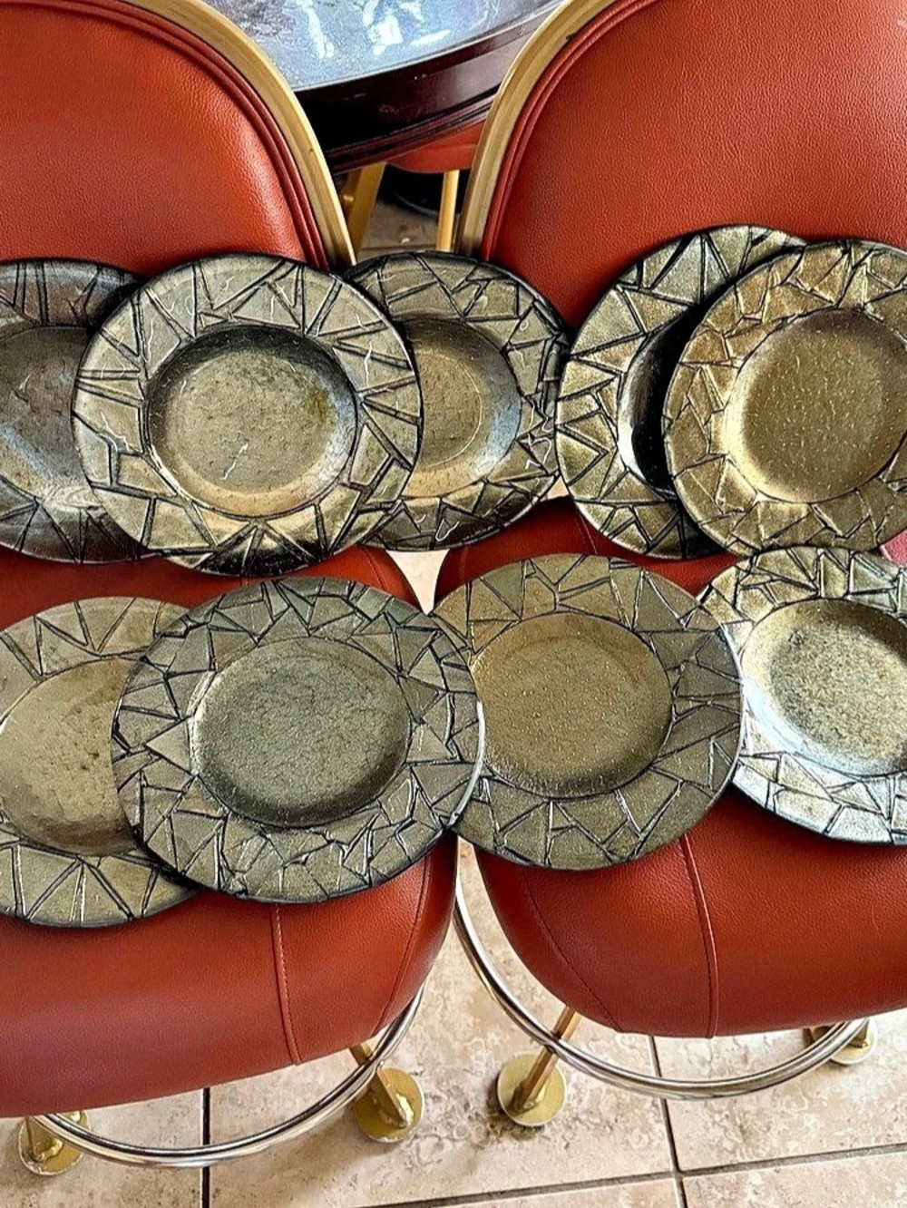 9 Pc vintage Paul Hathcoat Studios Aztec Gold fused art glass plates 9.7”